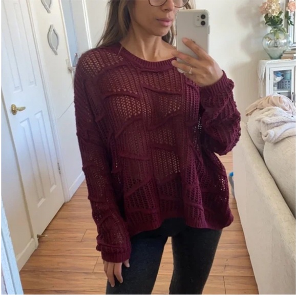 🪞 NEW scoop neck oversized open knit long sleeve sweater in deep burgundy - Picture 3 of 4